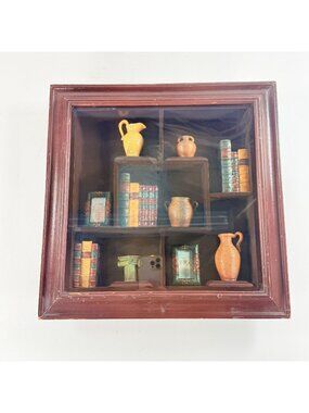 Miniature 15.5x15.5  Shadow Box With with Miniature Pottery, Books and Pictures